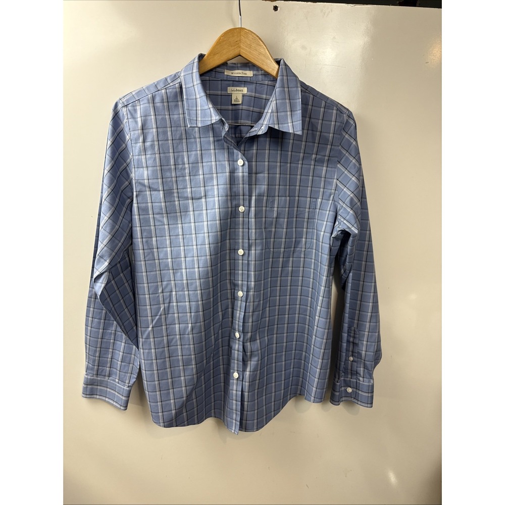 L.L.Bean Blue Plaid Large Long Sleeve Wrinkle Free 100% Cotton Button Up